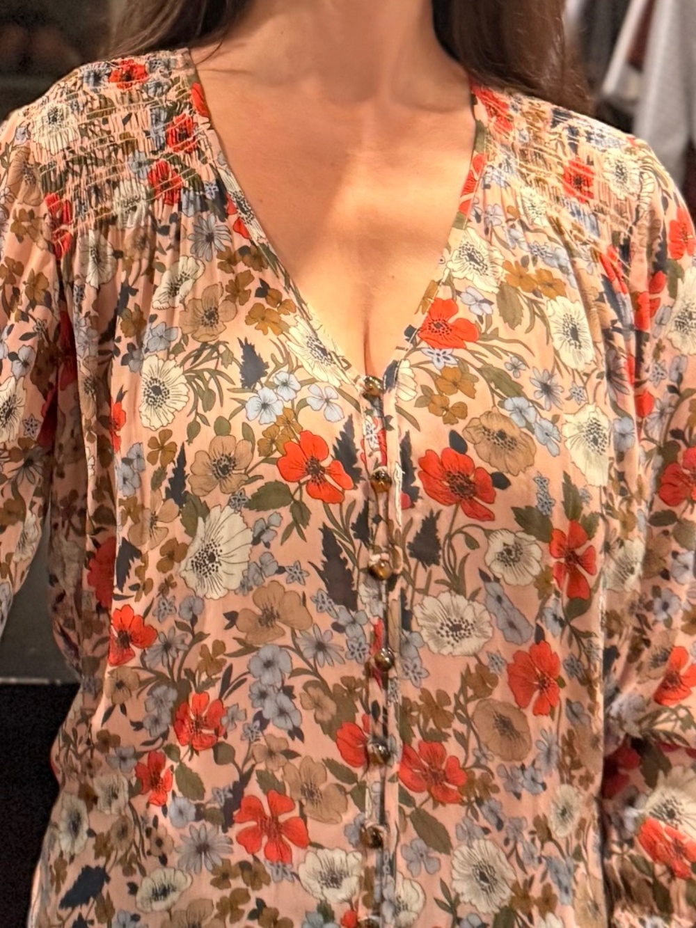 Veronica Beard Pink Floral Semi Sheer Smocked Blouse Size 8